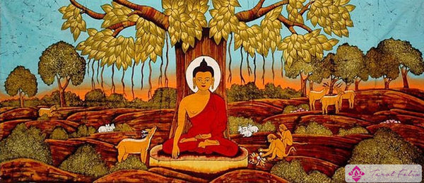 Buda bajo el árbol Bodhi, encontrando la iluminación: cuatro símbolos del tarot de copas