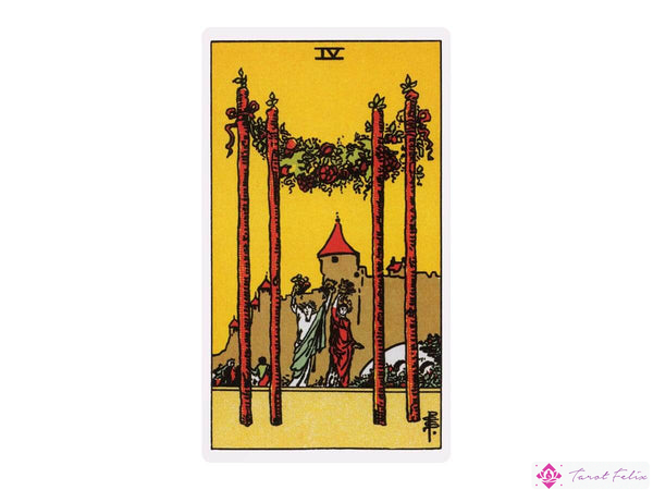 Representación de la carta del Tarot del Cuatro de Bastos en la baraja Rider Waite