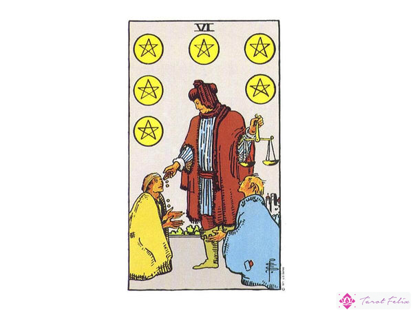 La representación original de la carta del tarot del seis de Oros en la baraja Rider Waite.