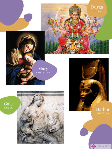 Arquetipos de la Madre Jung en varias culturas, aquí tienes a Durga, Mary, Hathor y Gaia, todos los cuales tienen relaciones similares con nosotros.