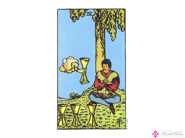 La representación original de la carta del tarot cuatro de copas en la baraja Rider Waite.  Significado del cuatro de copas en el tarot.
