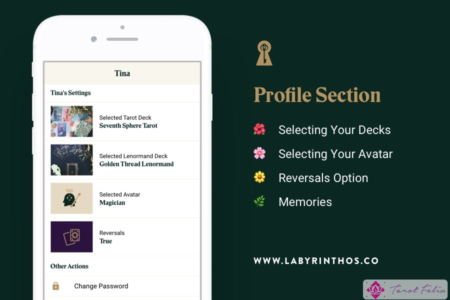 Actualización gratuita de la aplicación Labyrinthos Academy Tarot - Sección de perfil