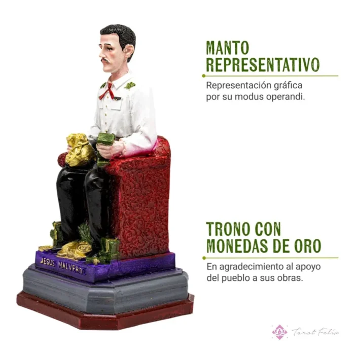 Estatua Jesús Malverde 30 cm en Trono de Oro - Santo Patrono Curado