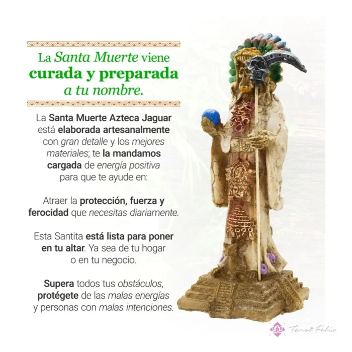 Estatua Santa Muerte Azteca Jaguar 30cm + Libro de Rituales - Protección y Éxito