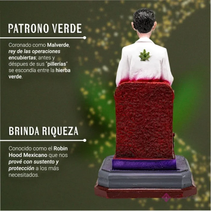 Estatua Jesús Malverde 30 cm en Trono de Oro - Santo Patrono Curado