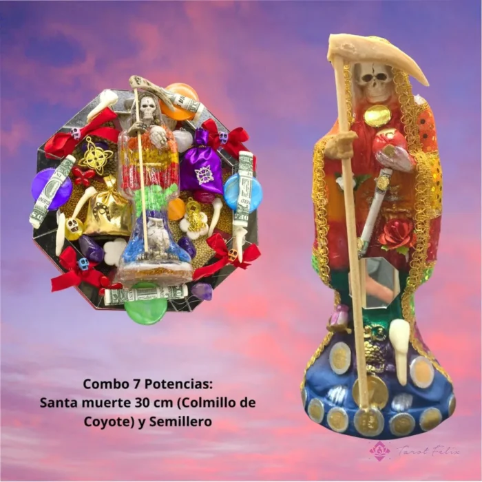 Estatua Santa Muerte con Colmillo de Coyote 30cm - Amuleto de Abundancia y Protección