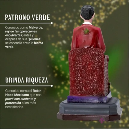 Estatua Jesús Malverde 30 cm en Trono de Oro - Figura Curada y Bendecida
