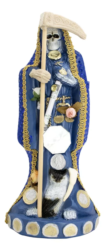 Escultura Santa Muerte Azul 30cm + Biblia Esotérica