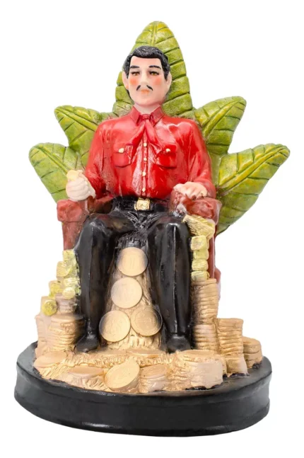 jesus malverde trono monedas camisa roja figura poderosa 30 cm