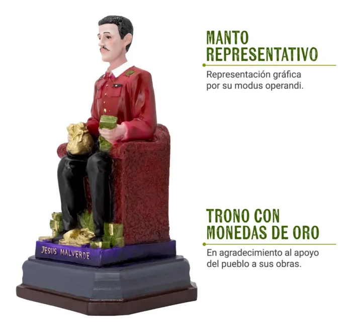Jesus Malverde Santo Patrono Figura Trono Oro 30 Cm Rojo 2