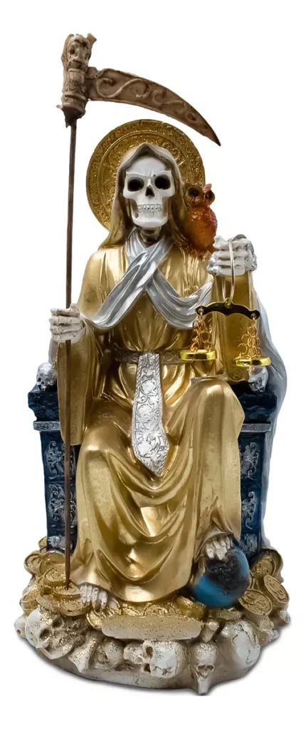 Santa Muerte Dorada Suprema Sentada Búho Curada + Libro