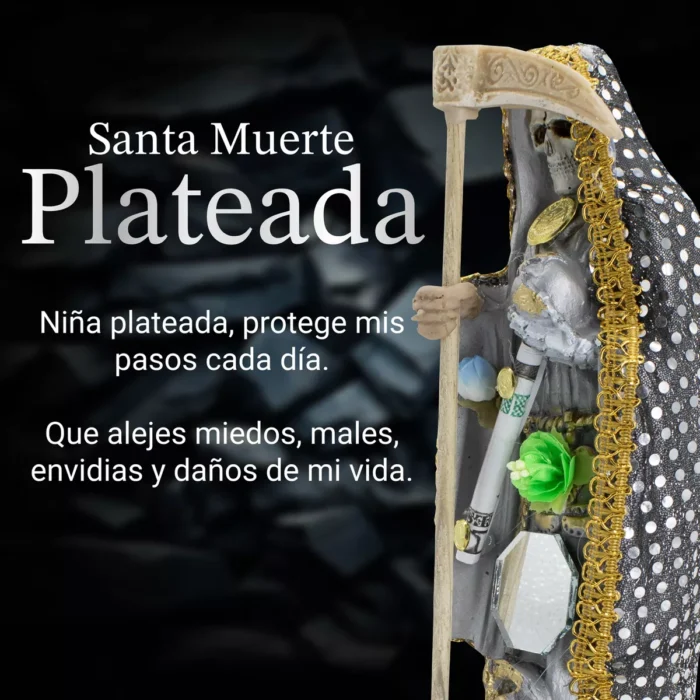 Santa Muerte Vestida Plateada Exito Y Abundancia 24 Cmlibro 3