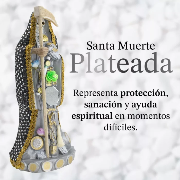 Santa Muerte Vestida Plateada Exito Y Abundancia 24 Cmlibro 4