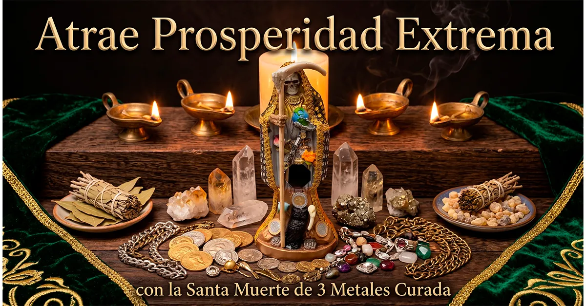 Atrae prosperidad extrema con la Santa Muerte de 3 Metales Curada