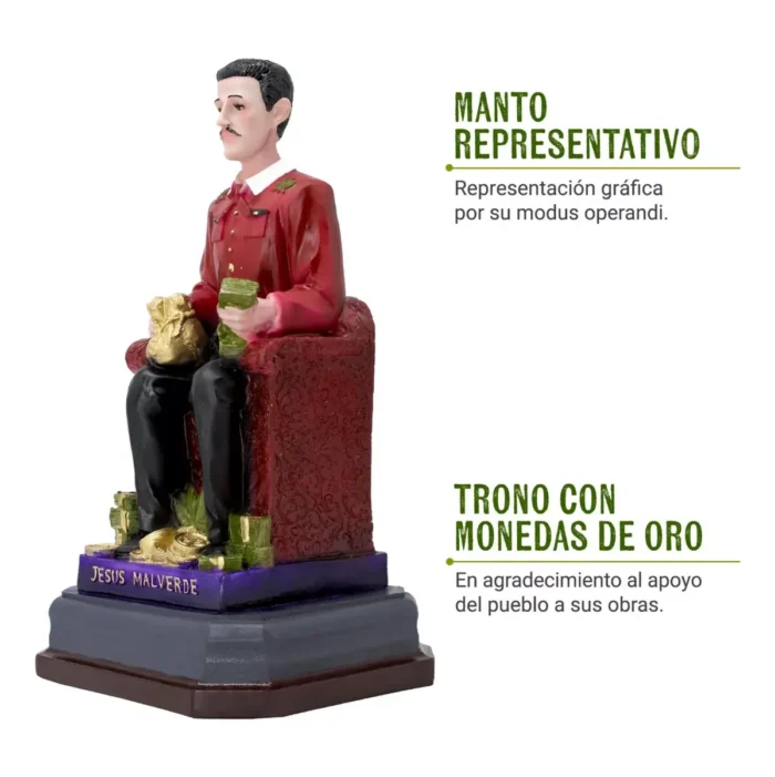 Jesús Malverde Trono Oro Camisa Roja, figura poderosa 30 cm - Image 3