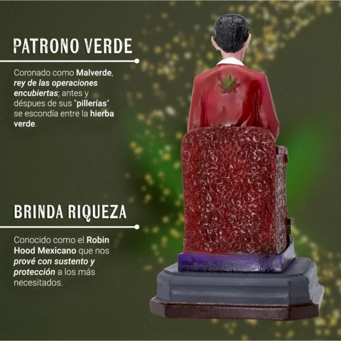 Jesús Malverde Trono Oro Camisa Roja, figura poderosa 30 cm - Image 4