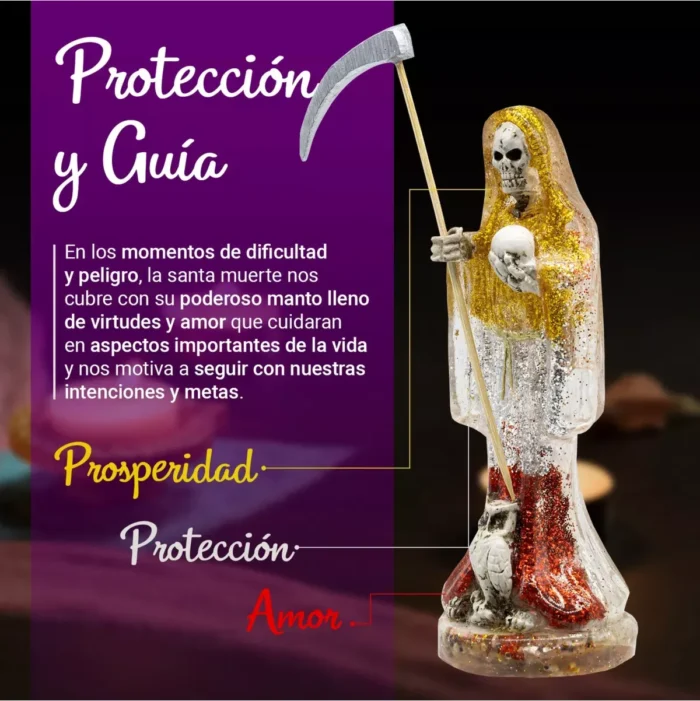 Santa Muerte 3 Virtudes Polvo Diamante 15cm Curada + Biblia - Image 2
