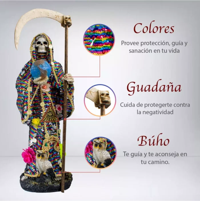 Santa Muerte Mil Colores 70 cm, figura poderosa de protección y abundancia - Image 3